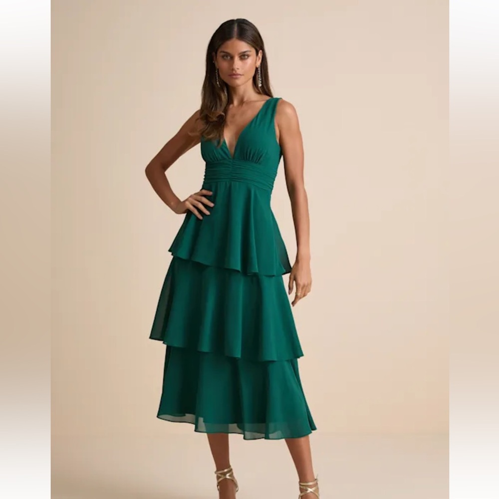 Lulus Elegant Emerald Green Sleeveless Tiered Midi Dress Size L